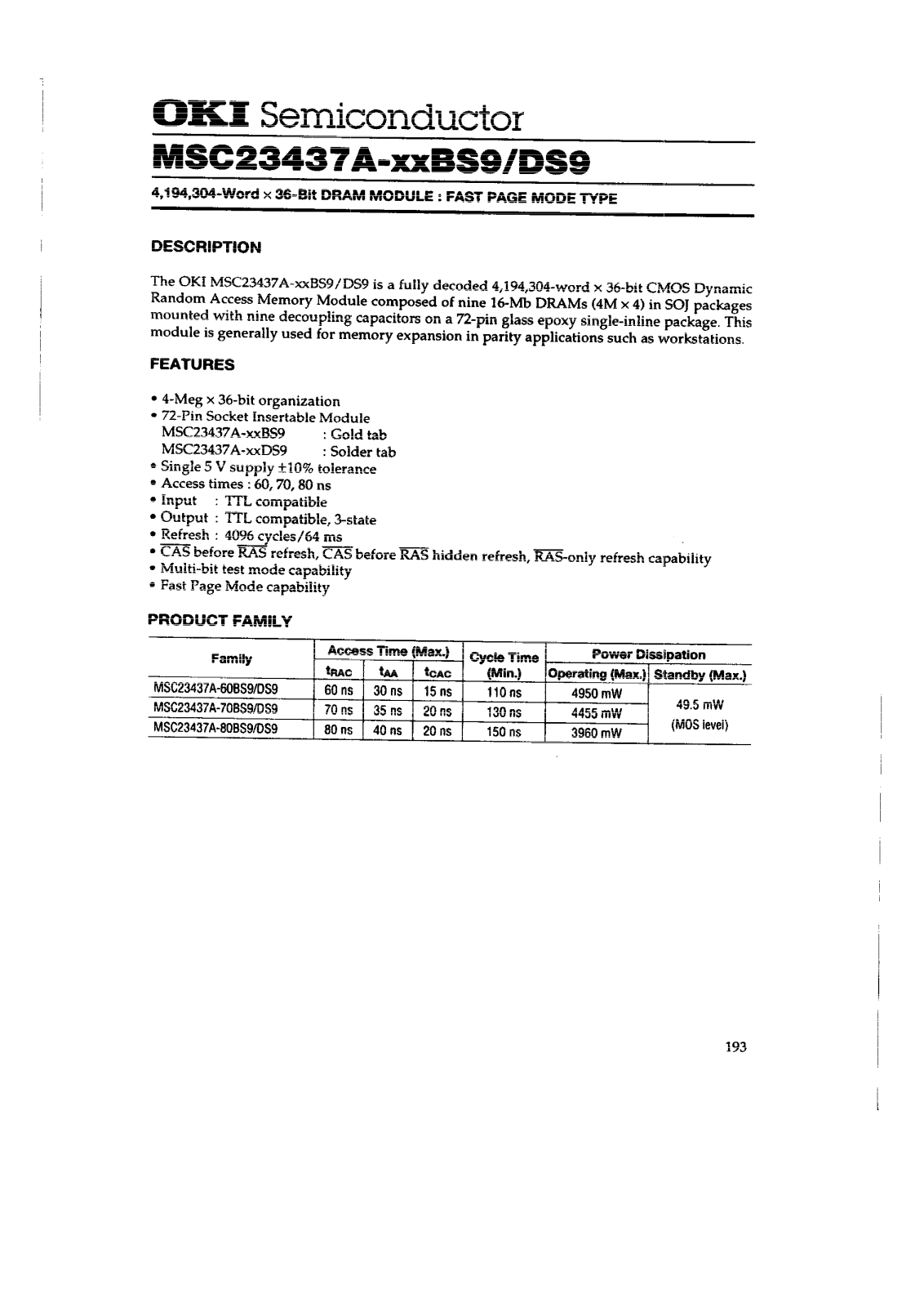 OKI MSC23437A-80BS9, MSC23437A-70BS9, MSC23437A-80DS9, MSC23437A-70DS9, MSC23437A-60DS9 Datasheet