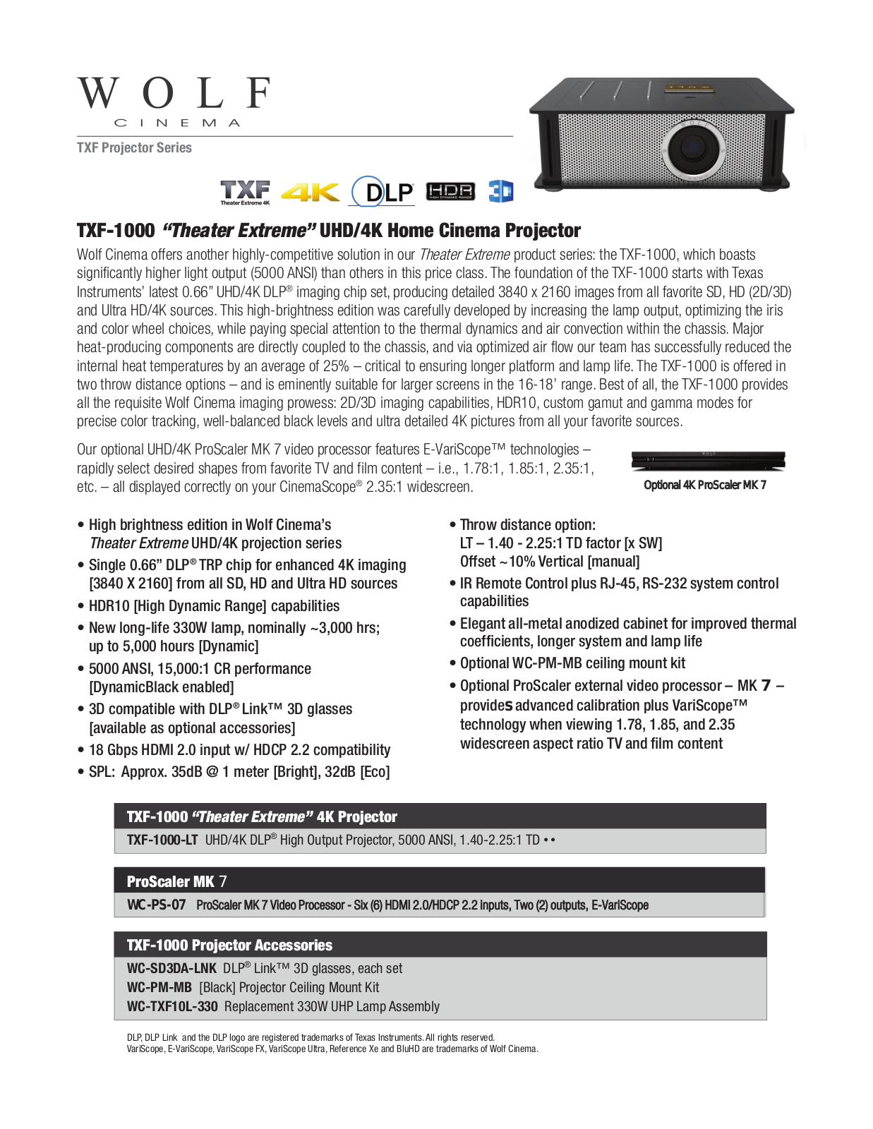 Wolf Cinema TXF-1000 Product Sheet