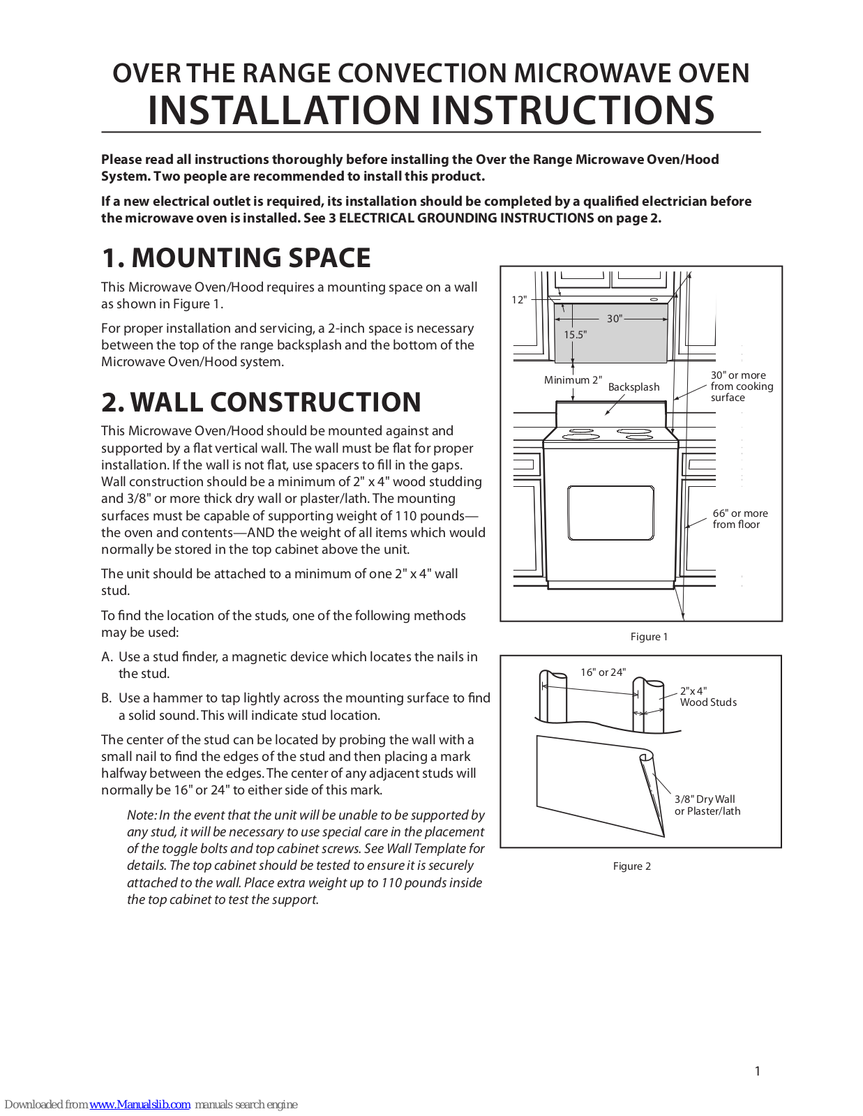 Fisher & Paykel OVER THE RANGE convection MICROWAVE OVEN, CMOH30SS Installation Instructions Manual