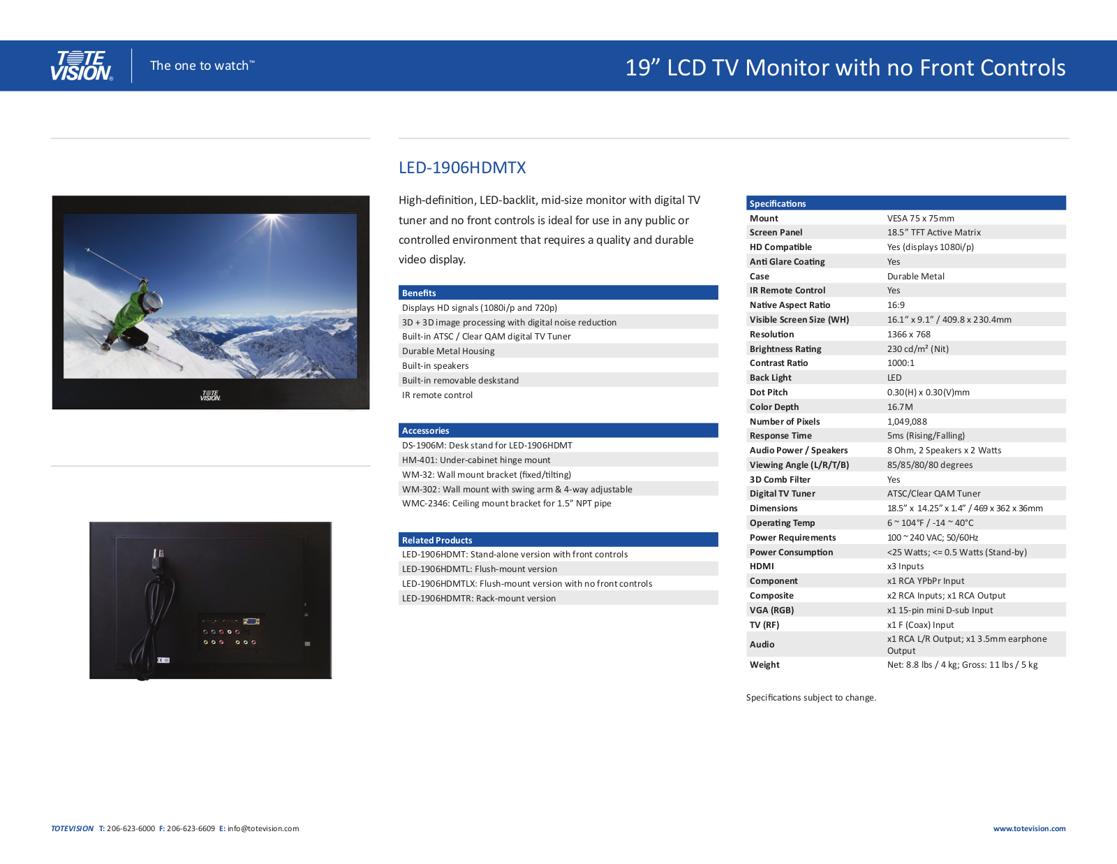 ToteVision LED-1906HDMTX Specsheet