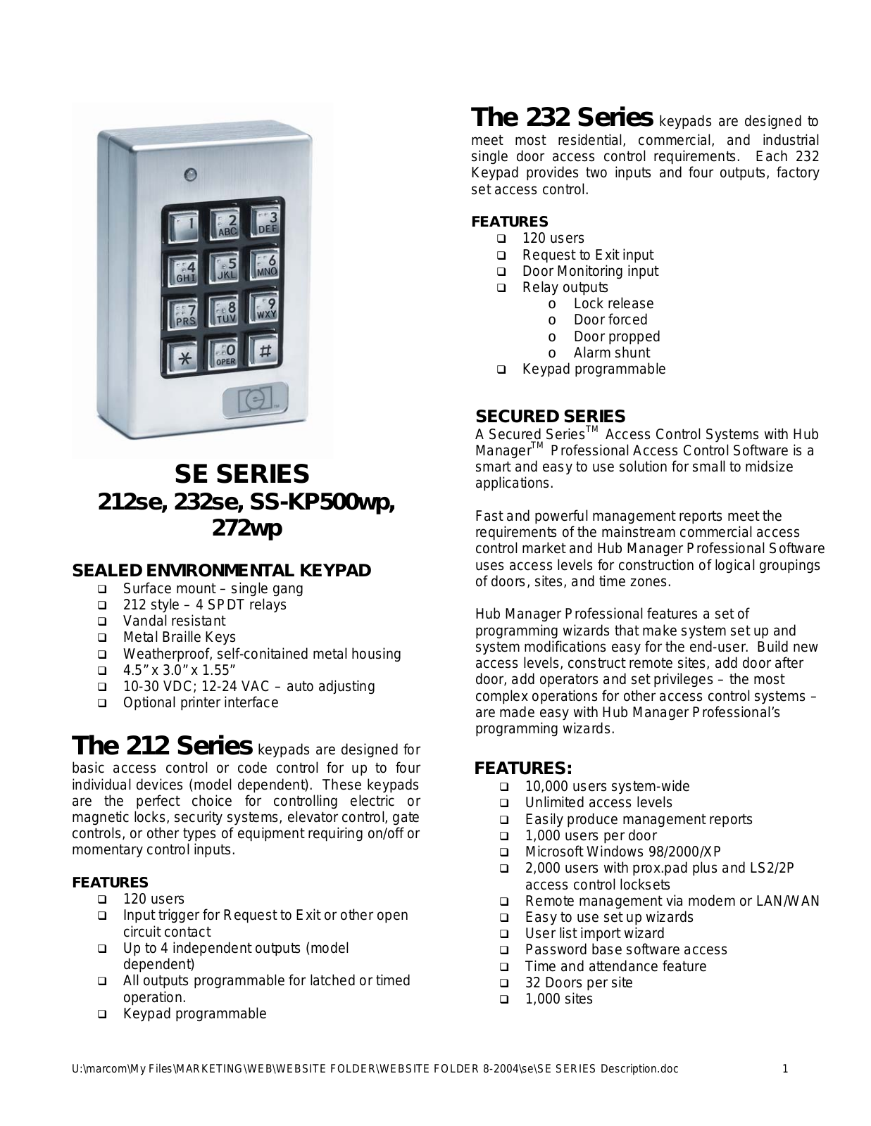 Linear 212se, 232se, SS-KP500wp, 272wp Specsheet