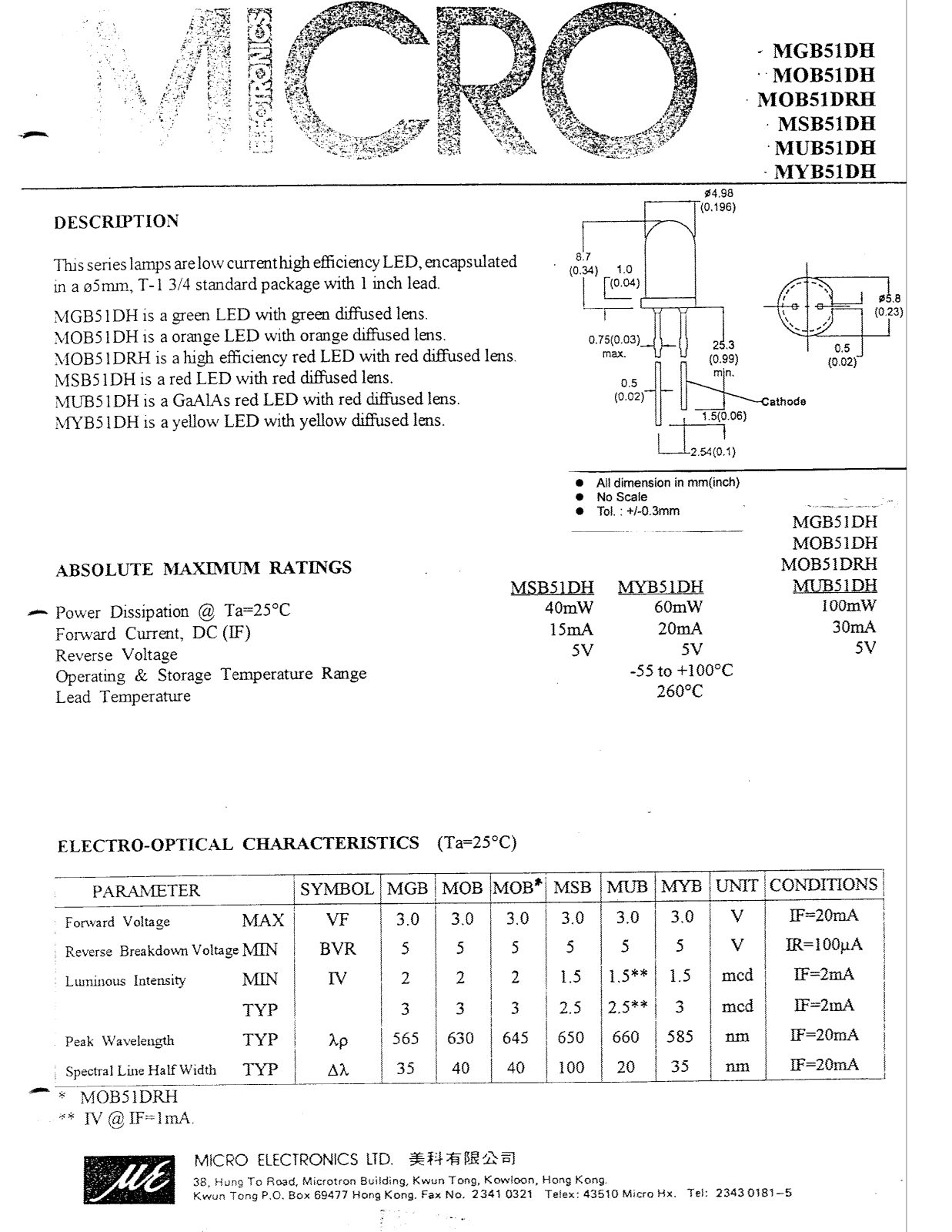 MICRO MSB51DH, MOB51DRH, MOB51DH, MYB51DH, MGB51DH Datasheet