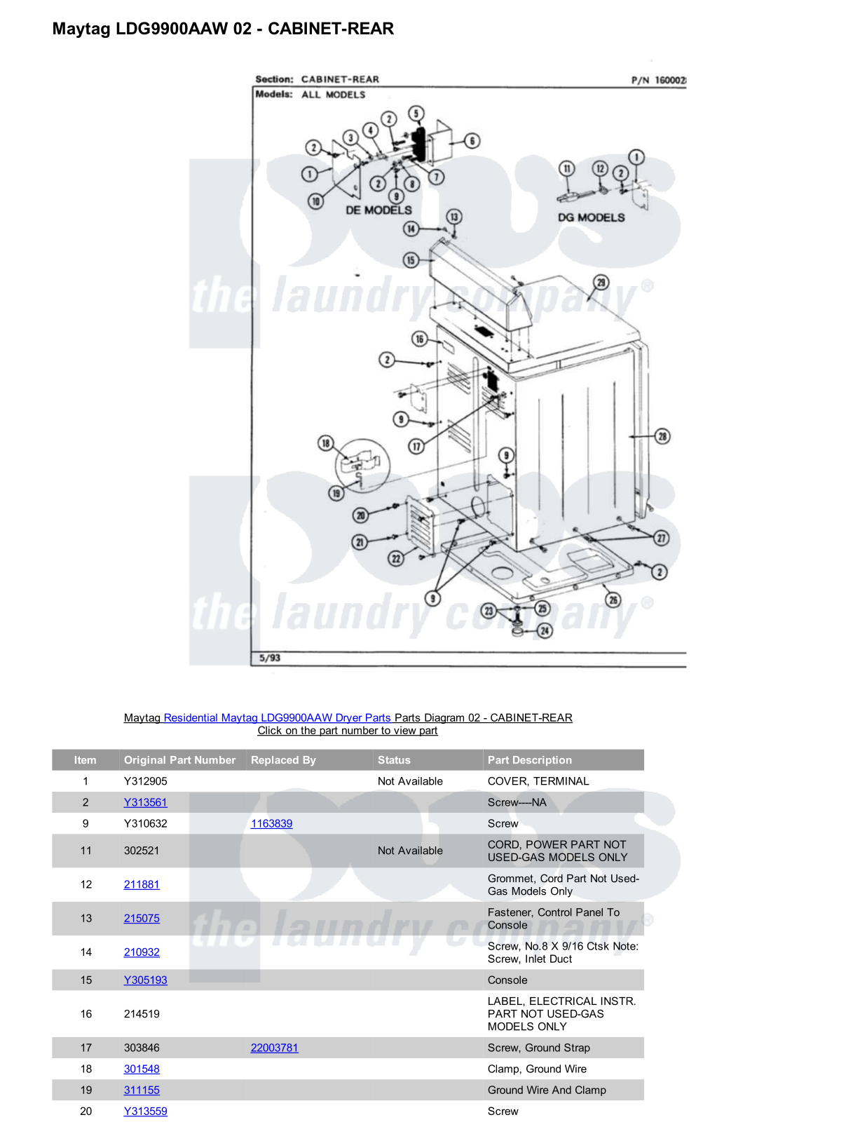 Maytag LDG9900AAW Parts Diagram