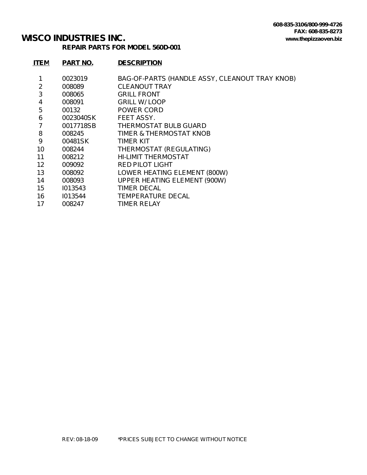 Wisco 560D-001 Parts List