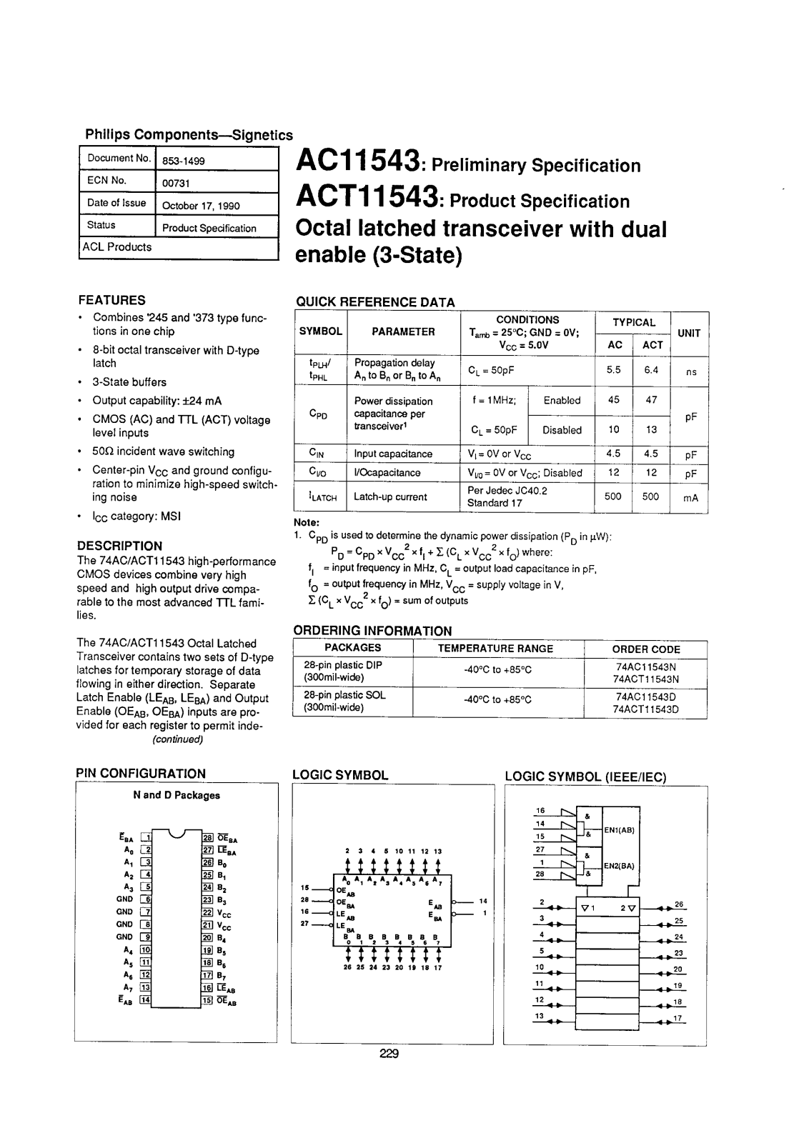 Philips 74ACT11543D, 74AC11543N, 74AC11543D Datasheet