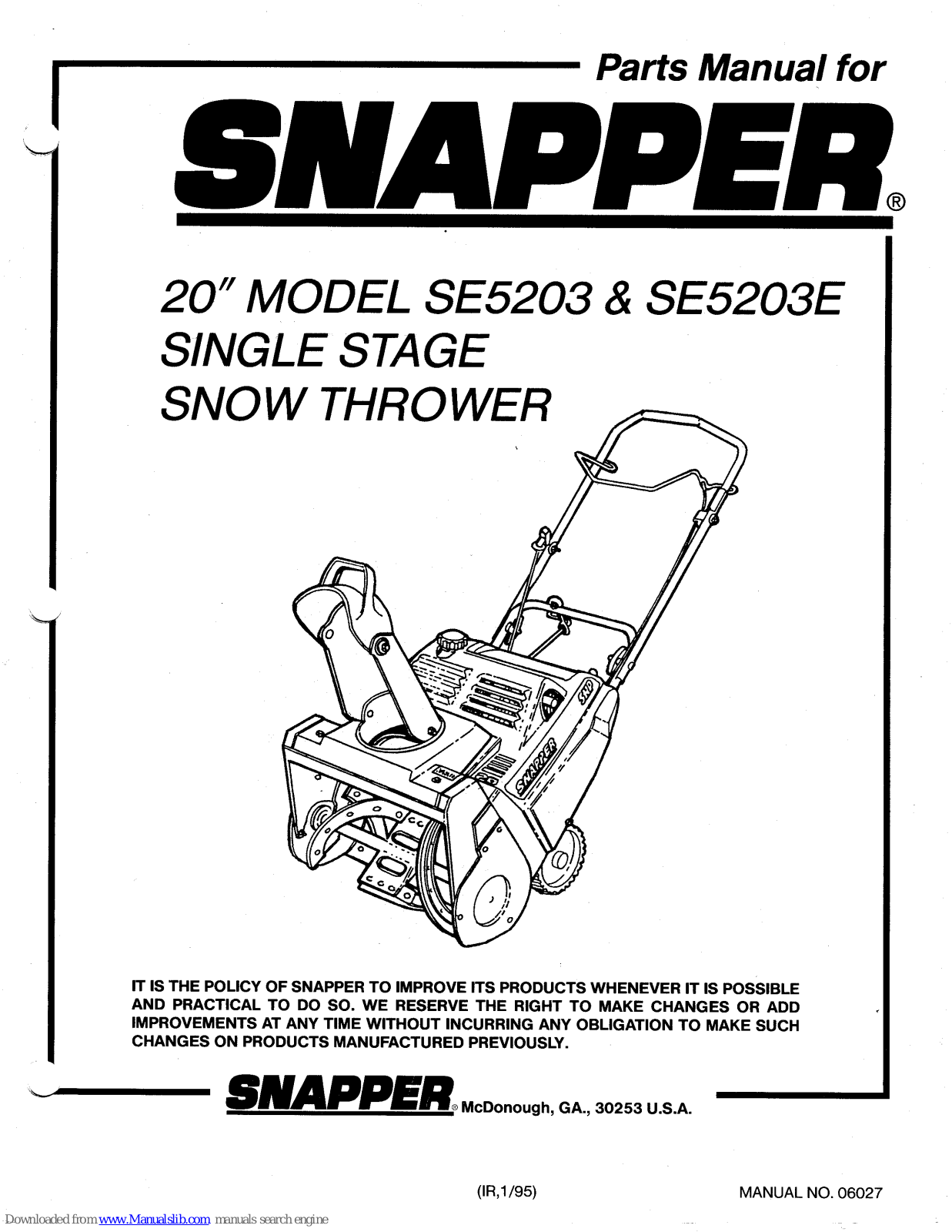 Snapper SE5203E,SE5203 Parts Manual