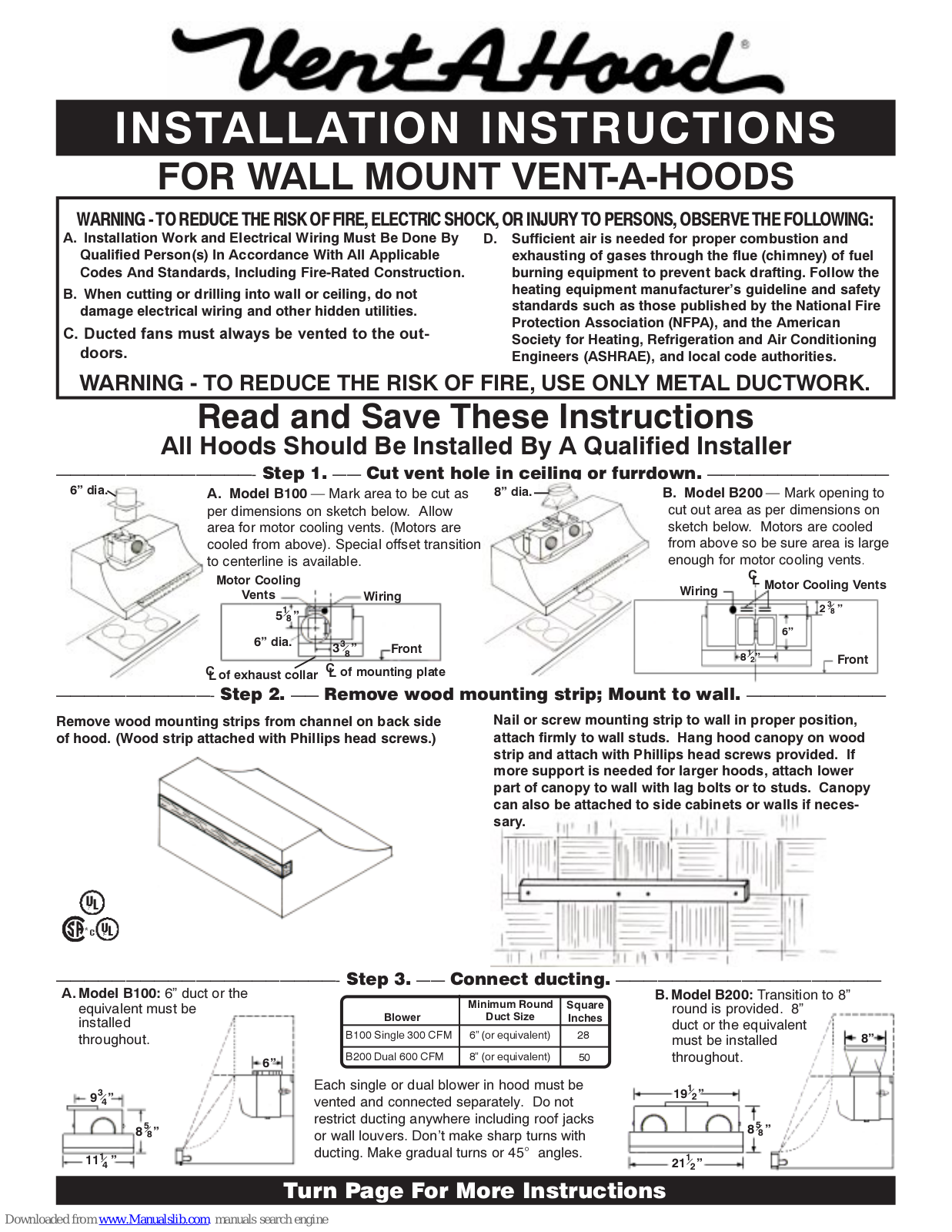 Vent-a-Hood B100, B200 Installation Instructions Manual