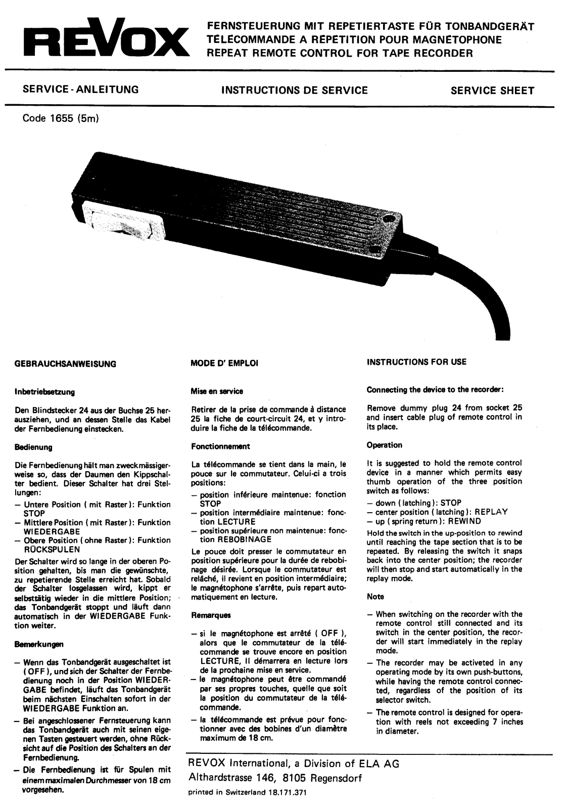 Revox Remote control Owners manual