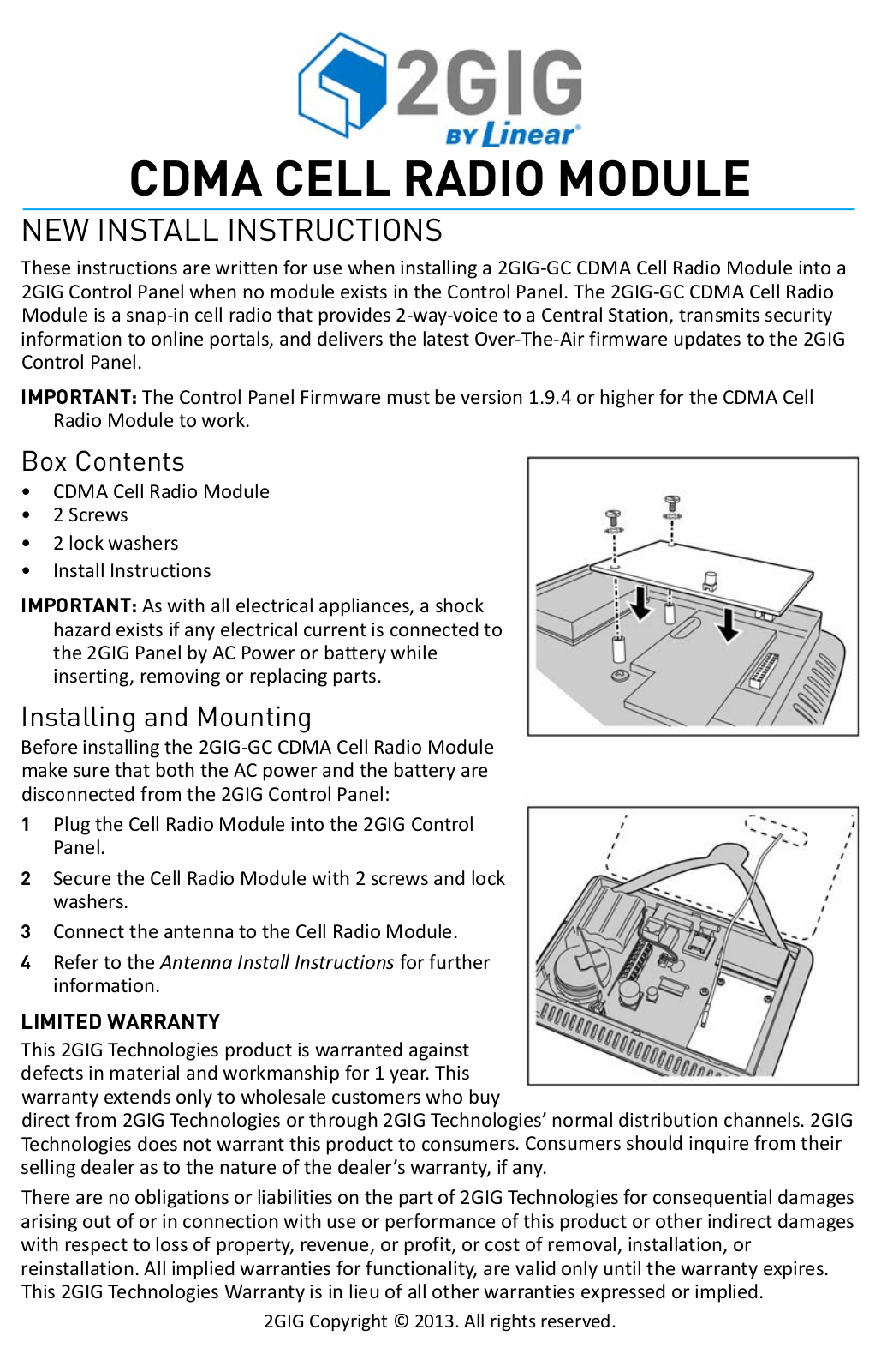 2GIG CDMA CELL RADIO MODULE User Manual