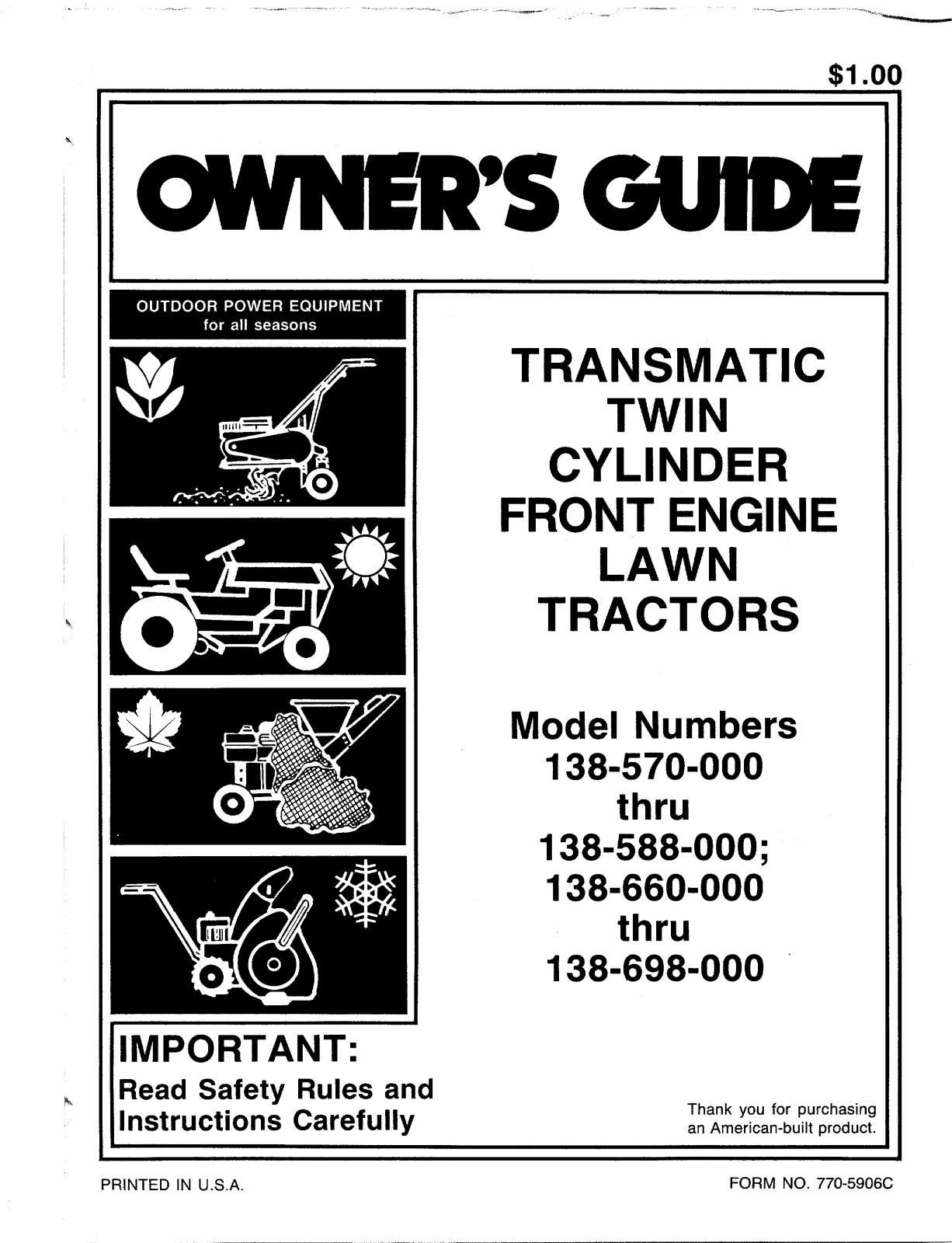 Mtd 138-698-000, 138-660-000, 138-588-000, 138-570-000 owners Manual