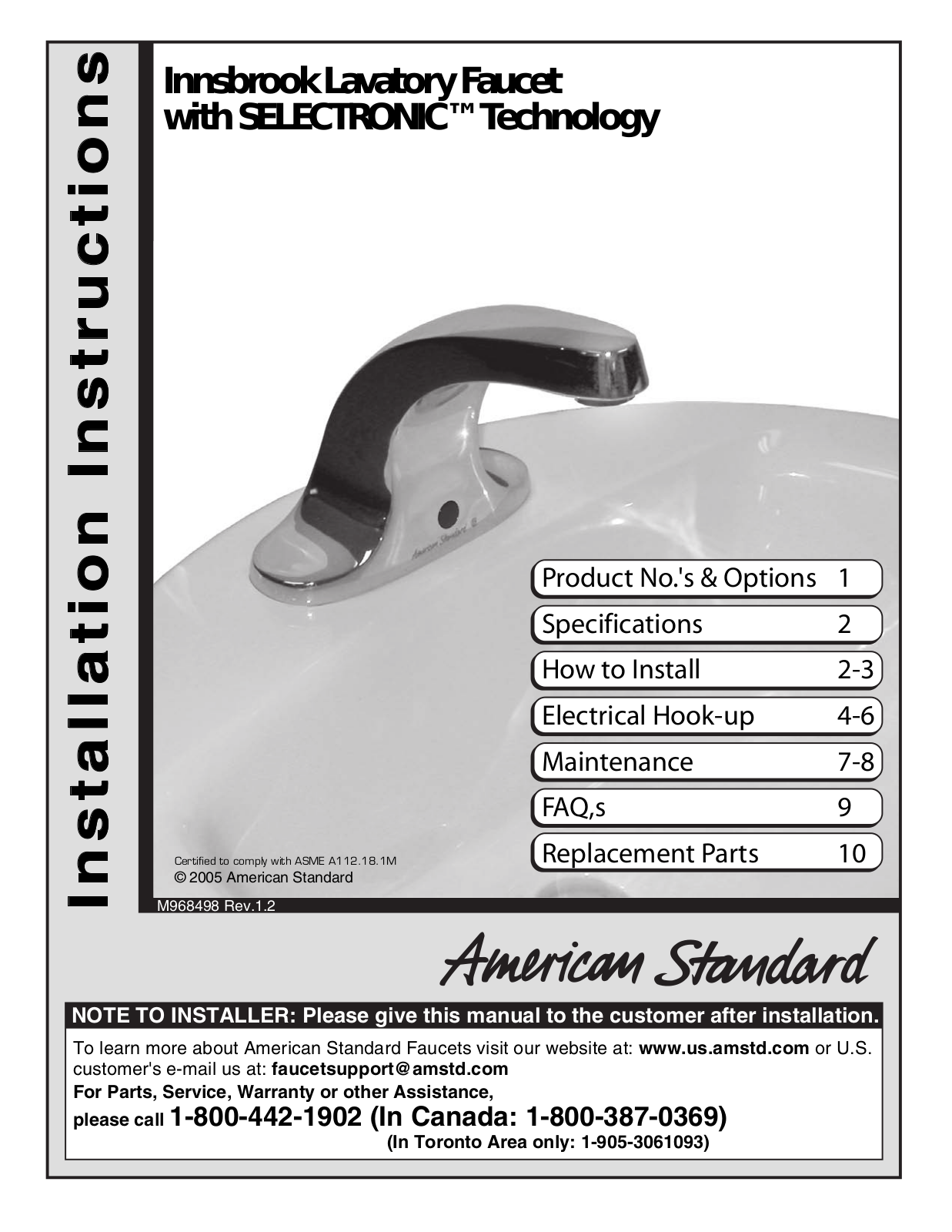 American Standard M968498 User Manual