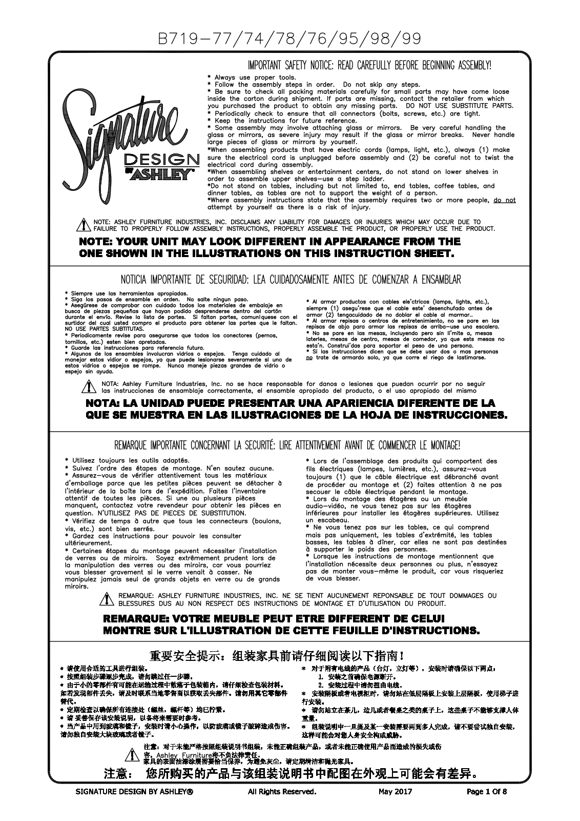 Ashley B719787699, B719777498, B719787695 Assembly Guide