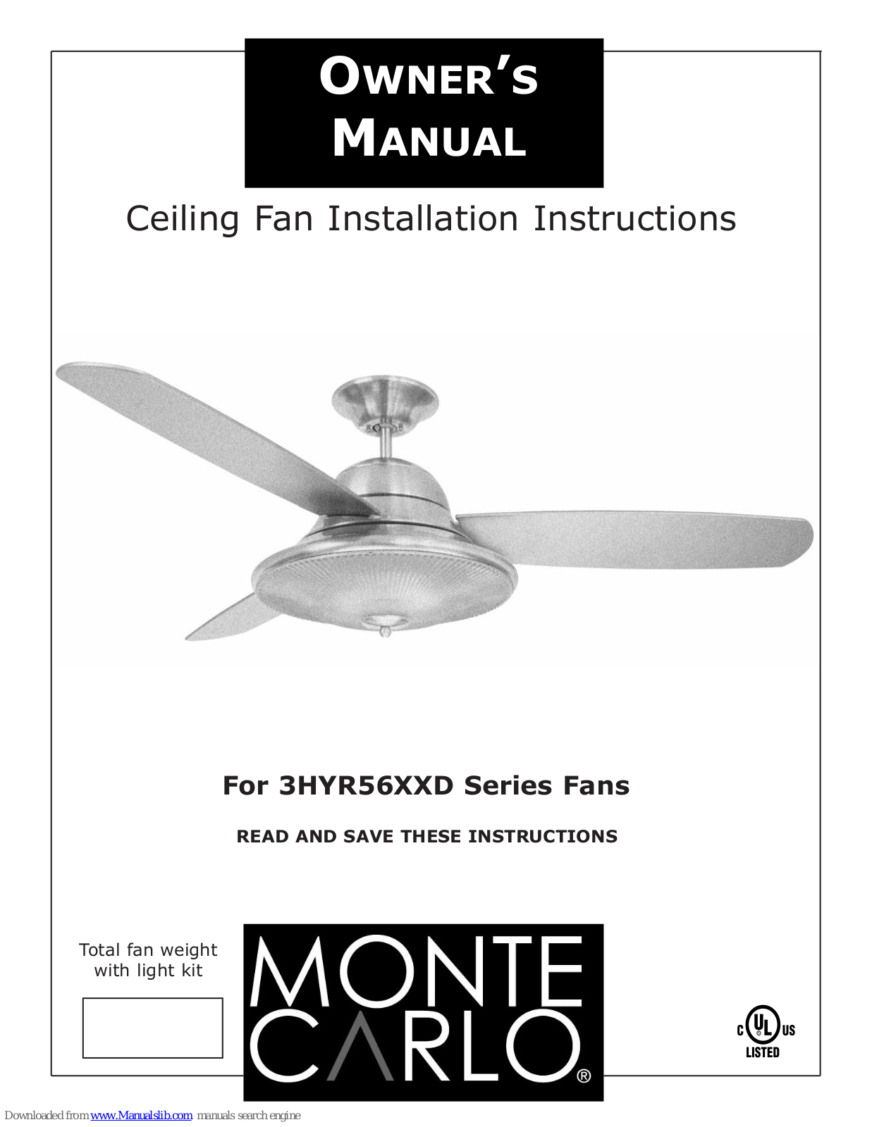 Monte Carlo Fan Company 3HYR56D Owner's Manual