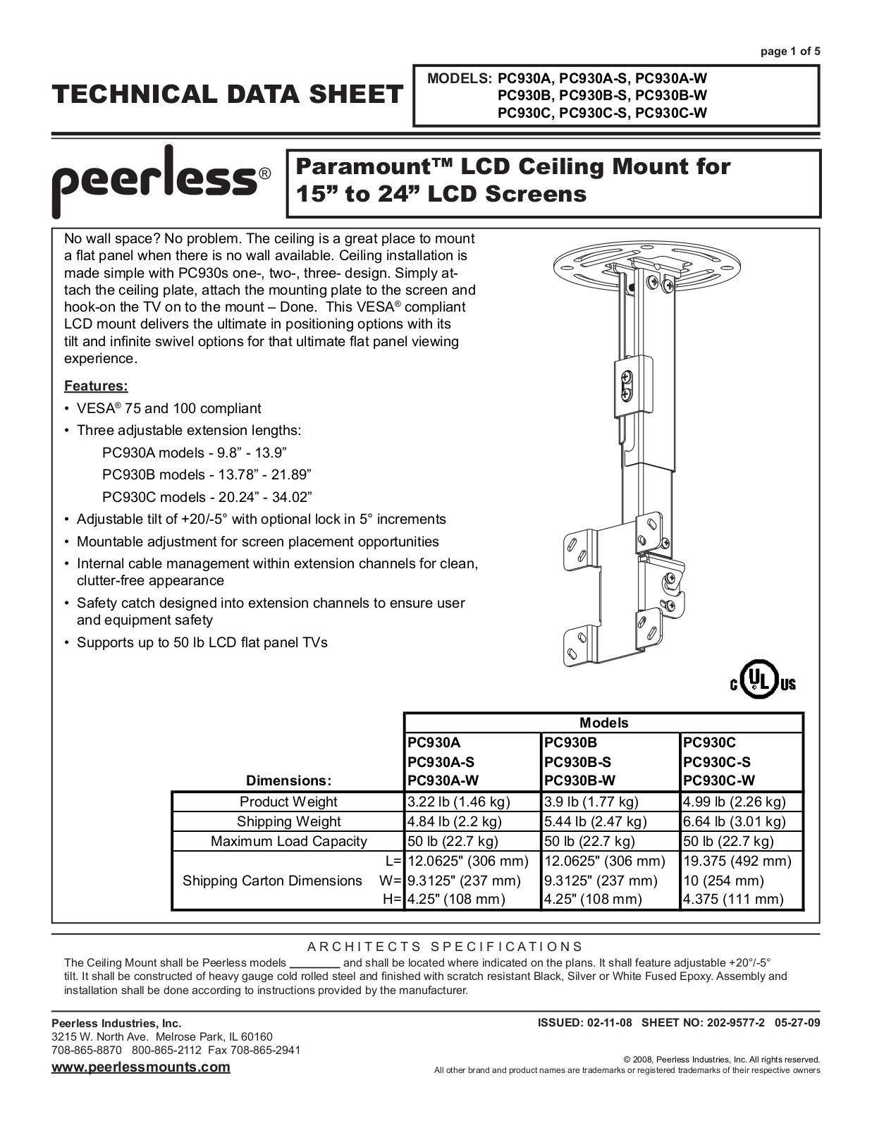 Peerless Industries PC930C, PC930A-W, PC930B-W, PC930C-W, PC930B User Manual