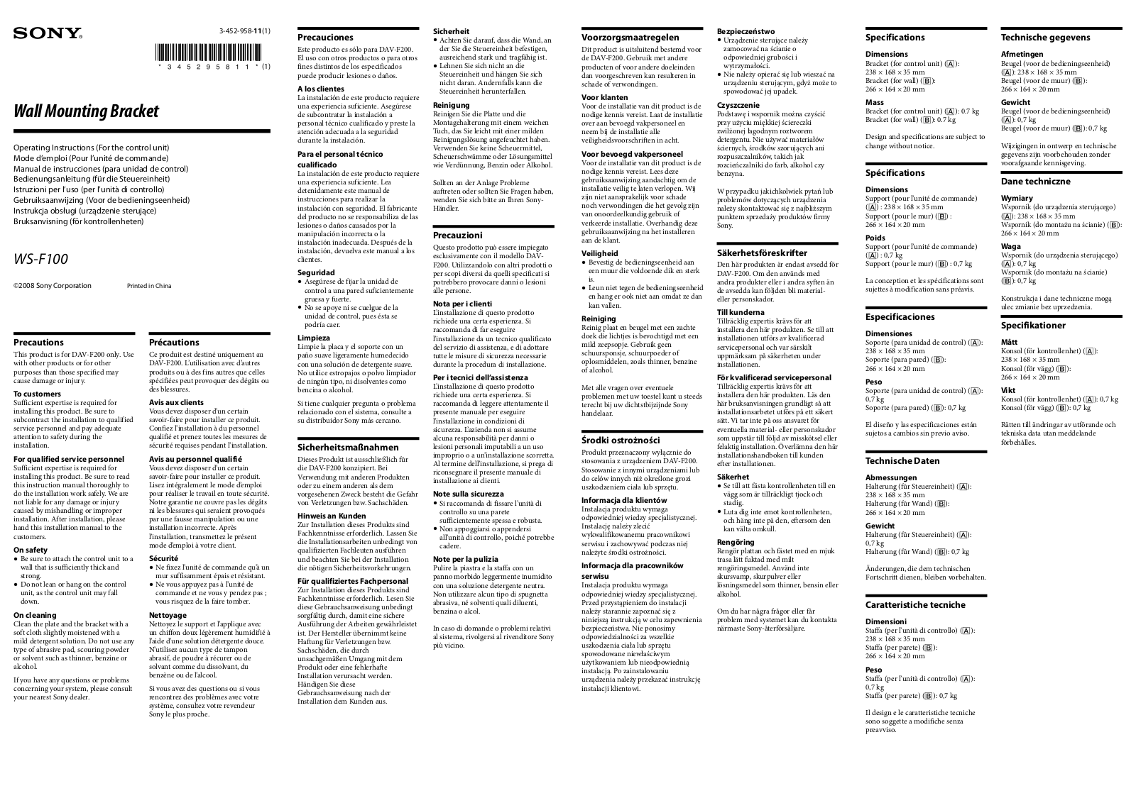 Sony WS-F100 Operating Manual