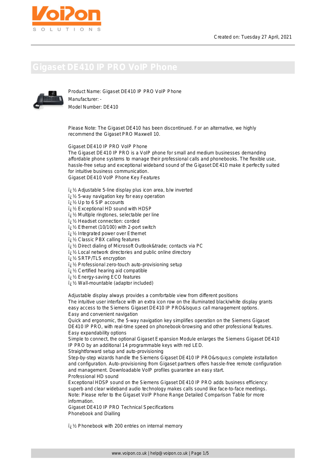 Gigaset DE410 Datasheet