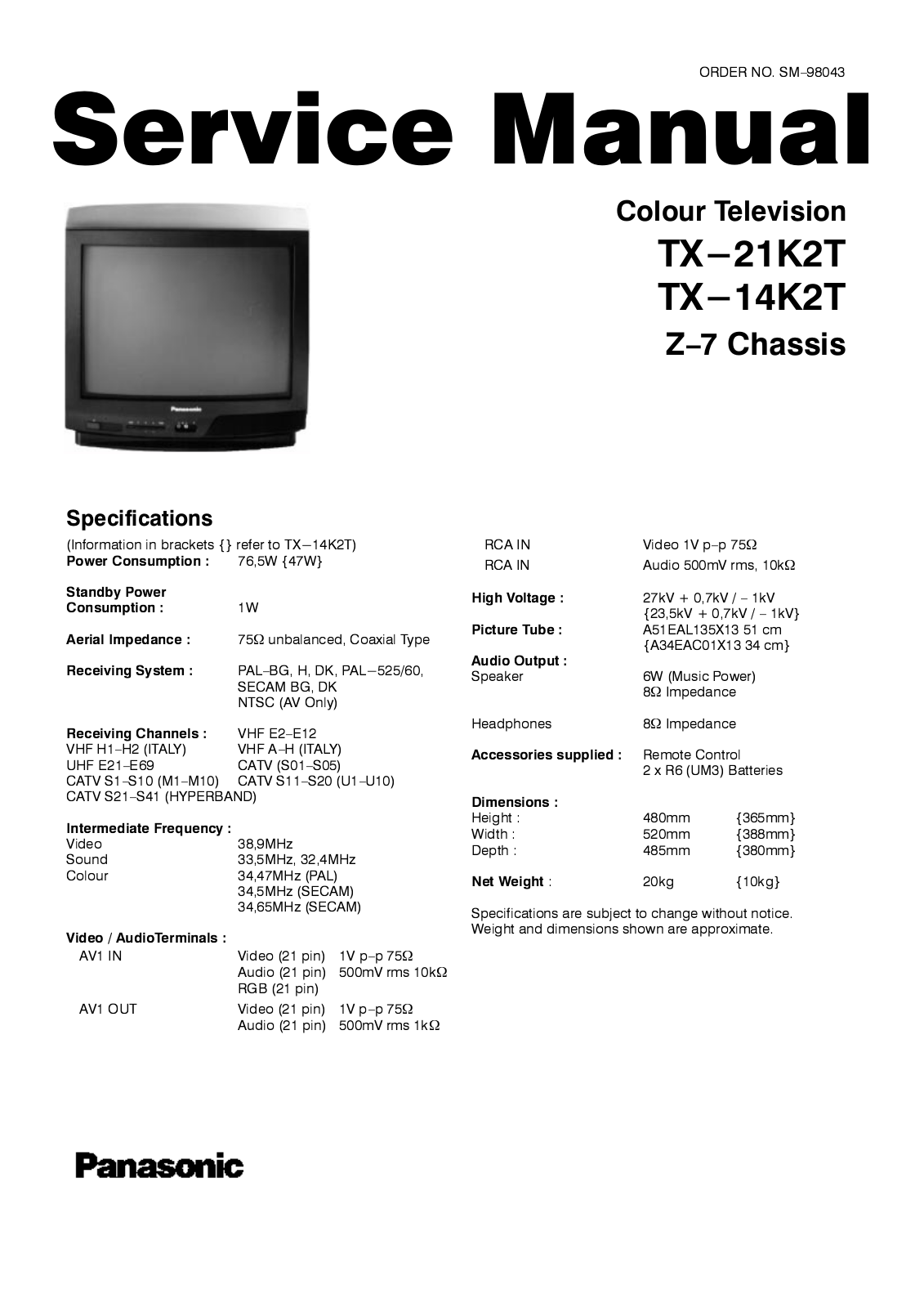 Panasonic TX-21K2T, TX-14K2T Service Manual