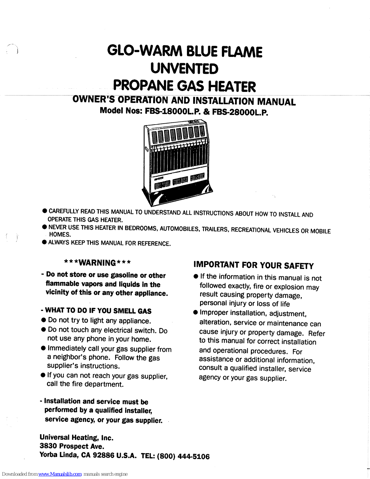 Glo-warm FBS-28000 L.P., FBS-18000 L.P. Owner's Operation And Installation Manual