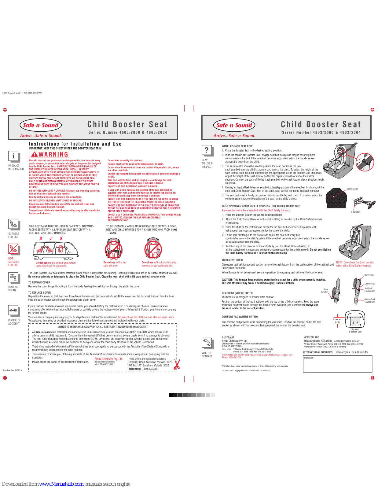 Britax CHILD BOOSTER SEAT, Safe-n-Sound 4803/2000 Series, Safe-n-Sound 4803/2004 Series User Manual