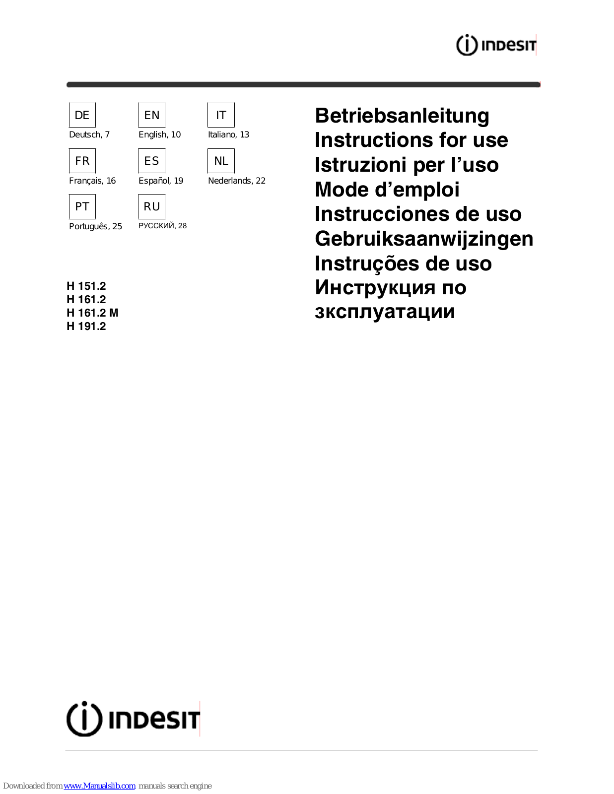 Indesit H 151.2, H 161.2, H 161.2 M, H 191.2 Instructions For Use Manual