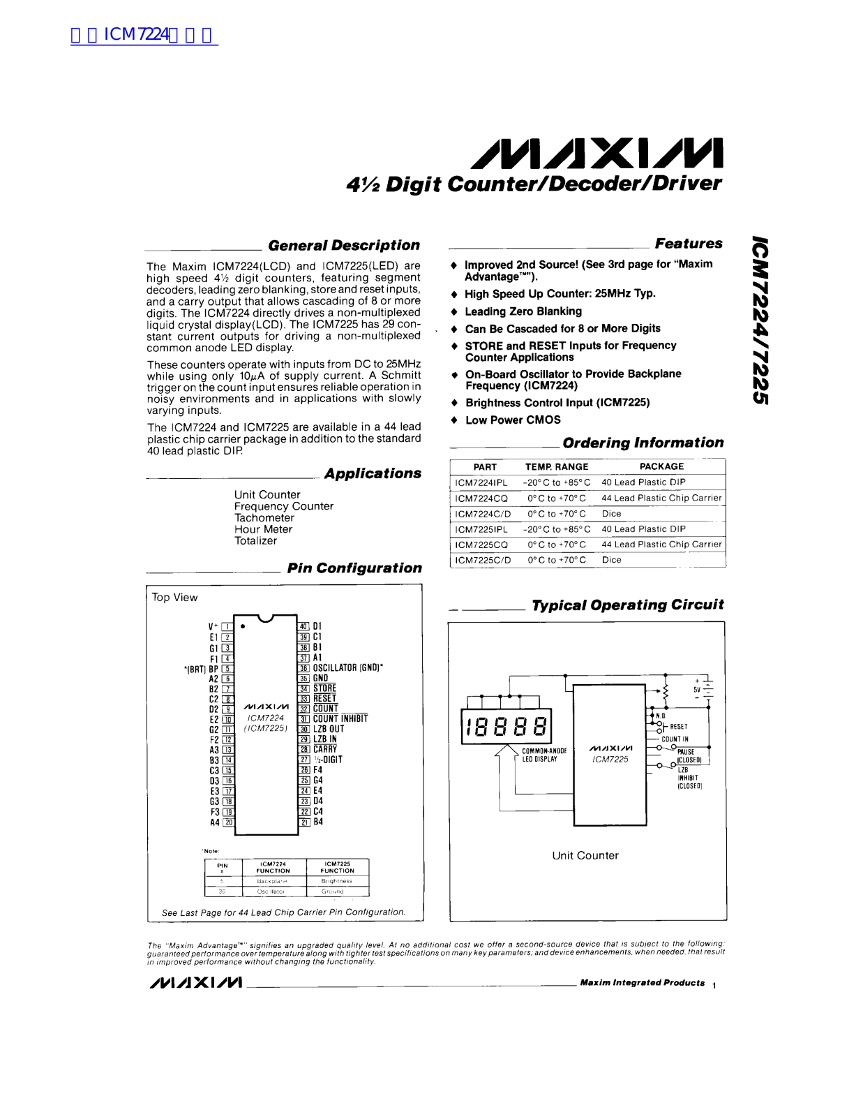 MAXIM ICM7224, ICM7225 Technical data