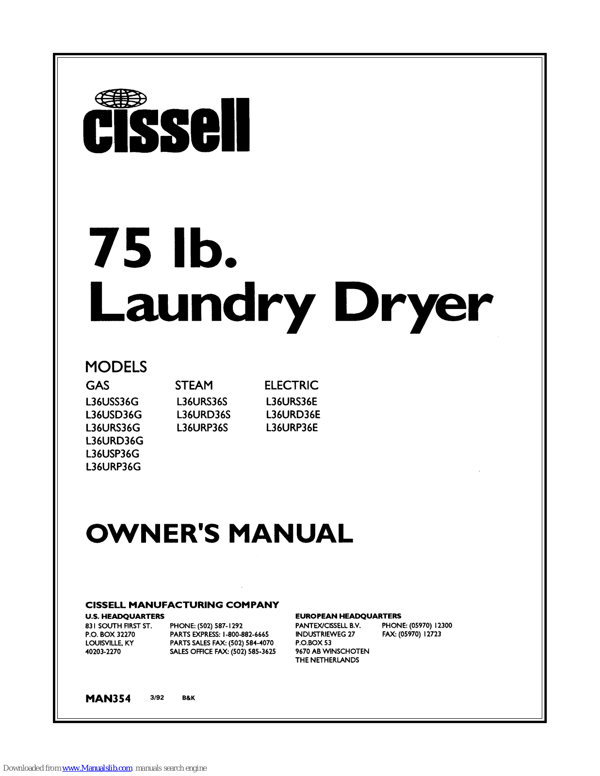 Cissell L36USS36G, L36URD36G, L36URS36G, L36USD36G, L36USP36G Owner's Manual