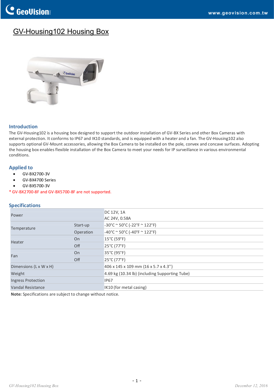 Geovision GV-Housing102 Specsheet