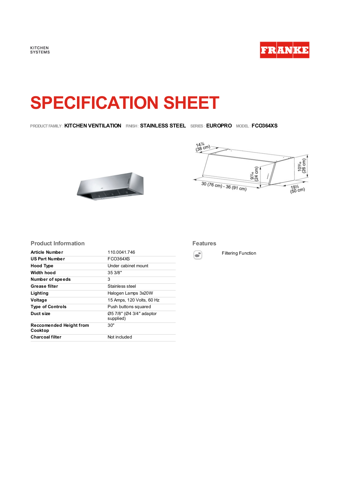 Franke Foodservice FC0364XS User Manual