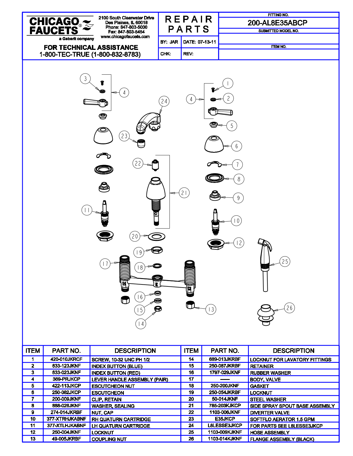 Chicago Faucet 200-AL8E35AB Parts List