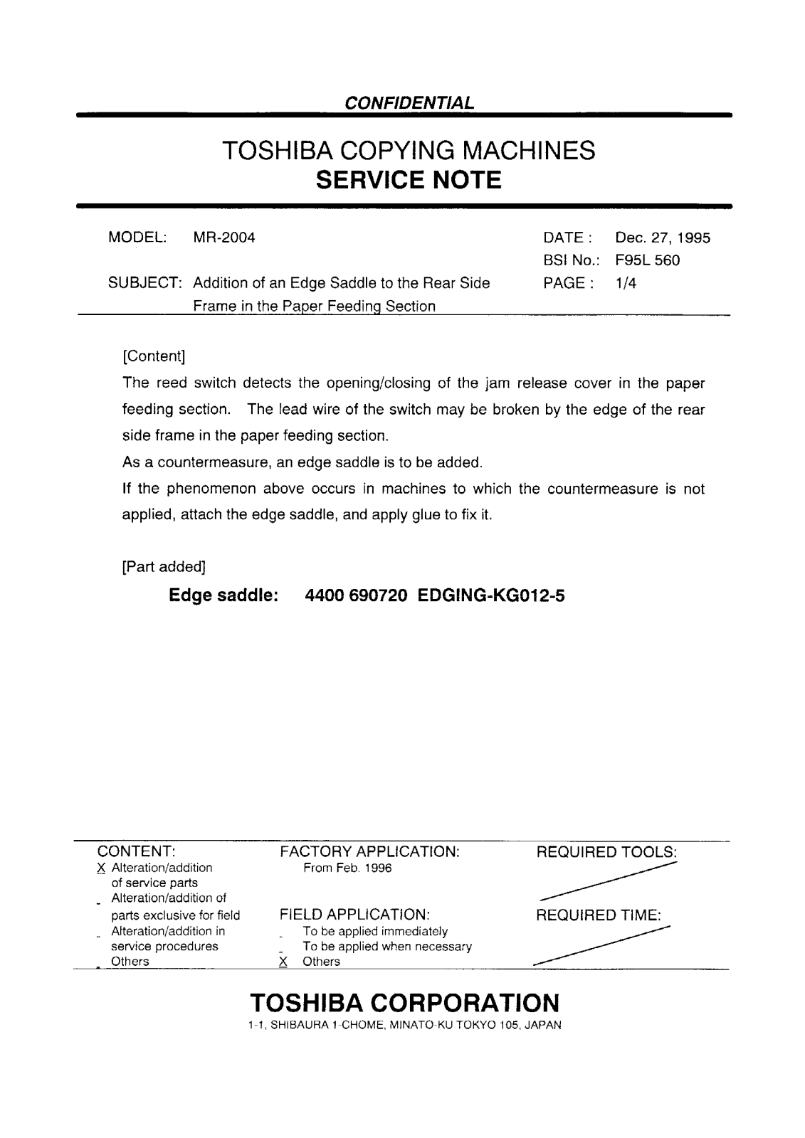 Toshiba f95l560 Service Note