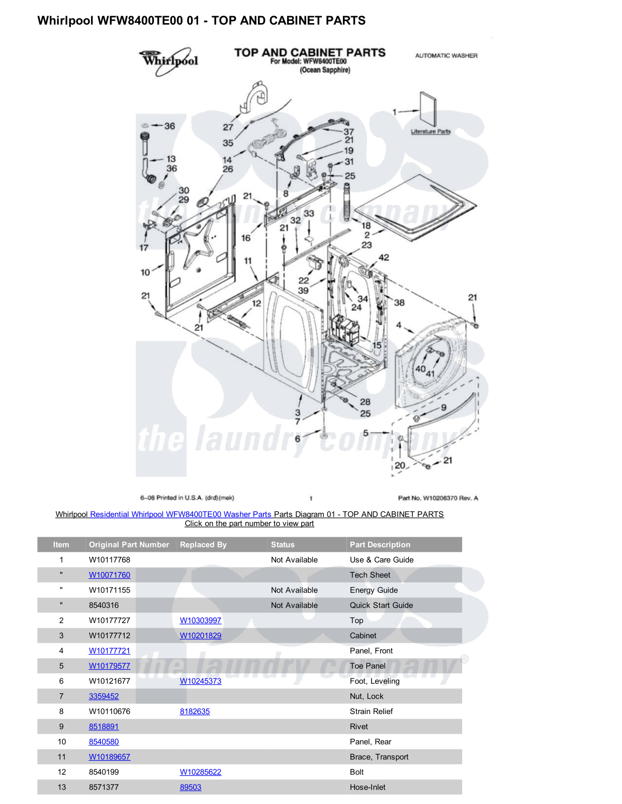 Whirlpool WFW8400TE00 Parts Diagram