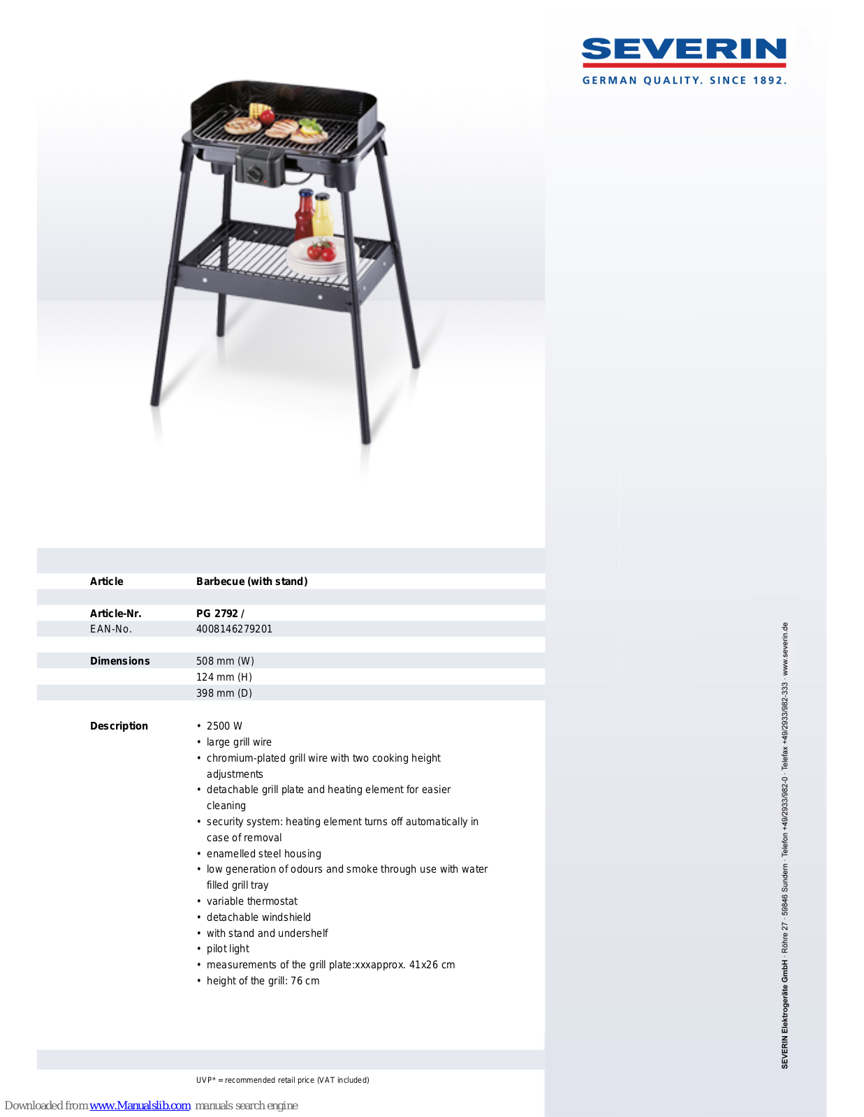 SEVERIN BARBECUE - DATASHEET 3, PG 2792 Datasheet