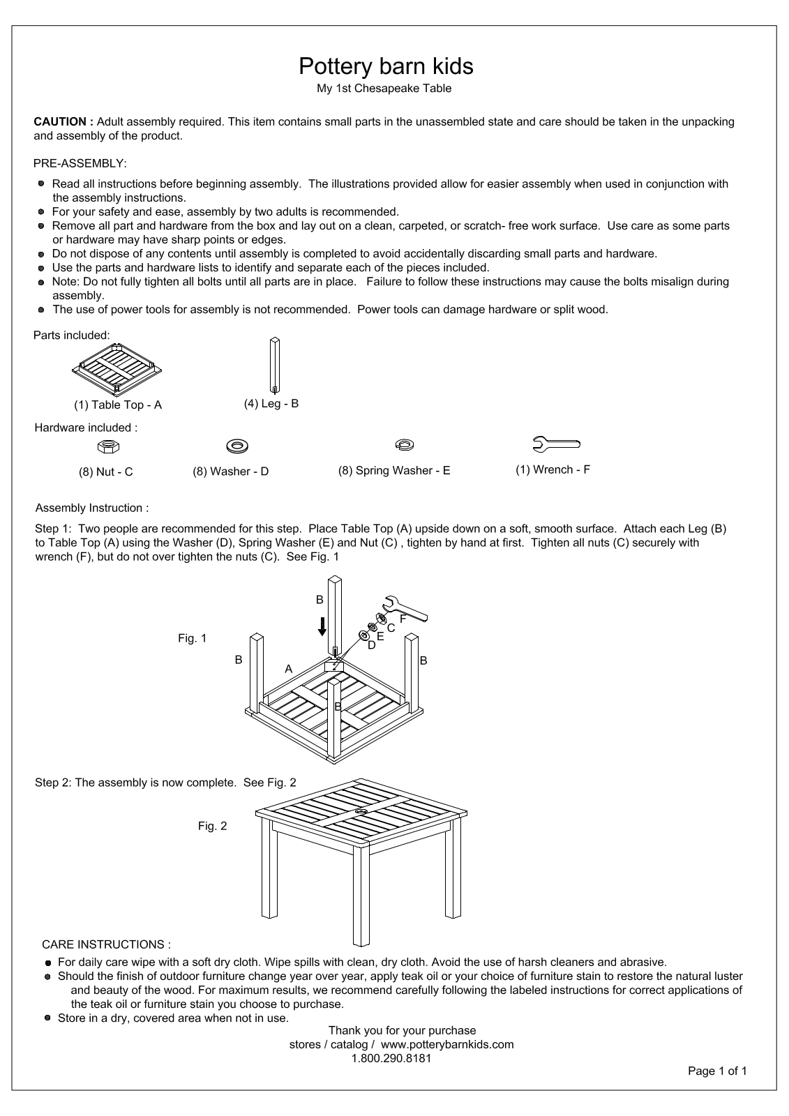 Pottery Barn My 1st Chesapeake Table Assembly Instruction