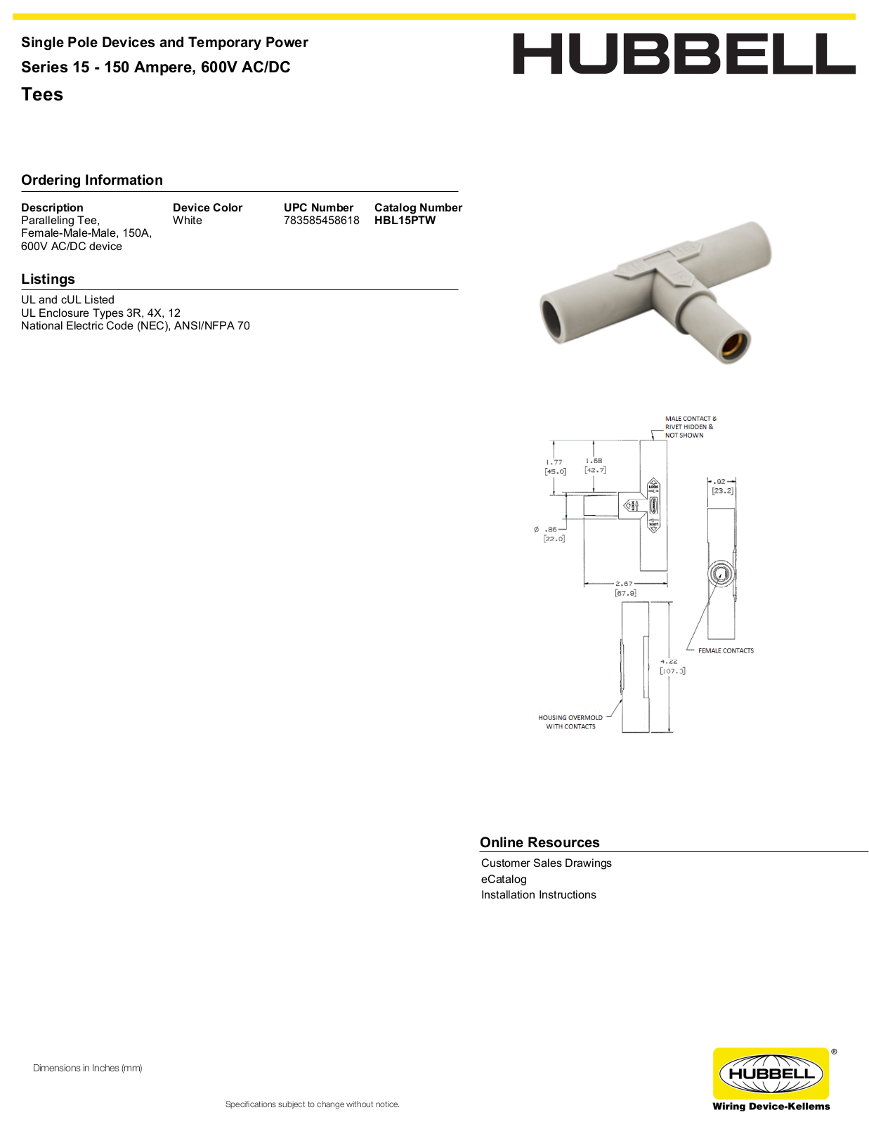 Hubbell HBL15PTW Specifications