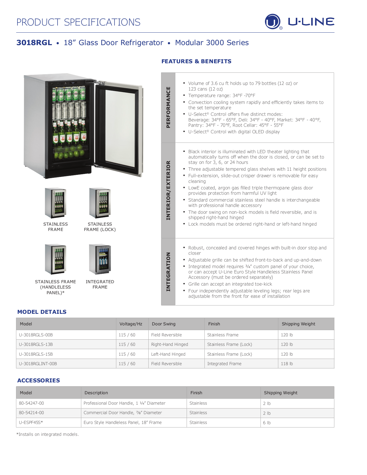 U-Line U3018RGLS00B, U3018RGLS13B, U3018RGLINT00B, U3018RGLS15B Specifications