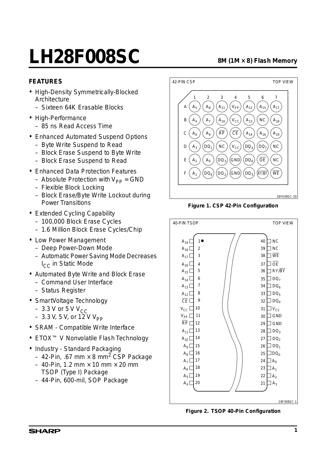 Sharp LH28F008SC-2, LH28F008SC-1, LH28F008SC-20 Datasheet