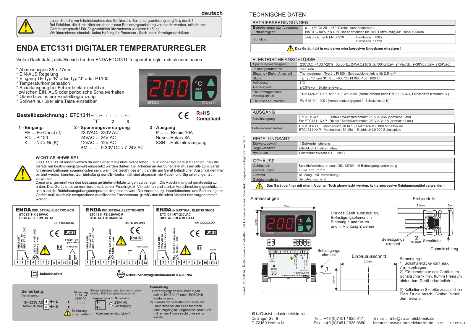 Enda ETC1311, ETC1311-FE-230VAC, ETC1311-RT-230VAC, ETC1311-K-230VAC, ETC1311-FE-24VAC User manual