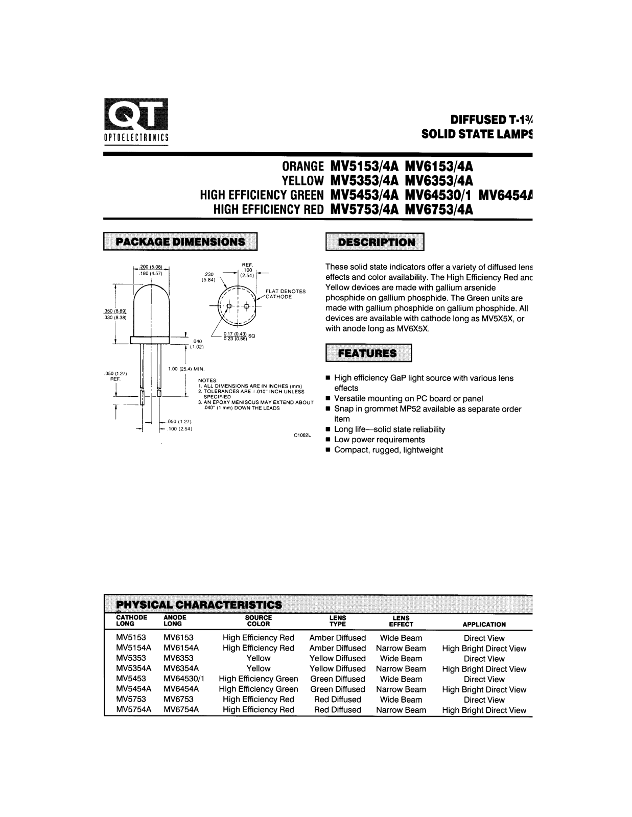 QT MV5153, MV6153, MV6353, MV6754A, MV6354A Datasheet