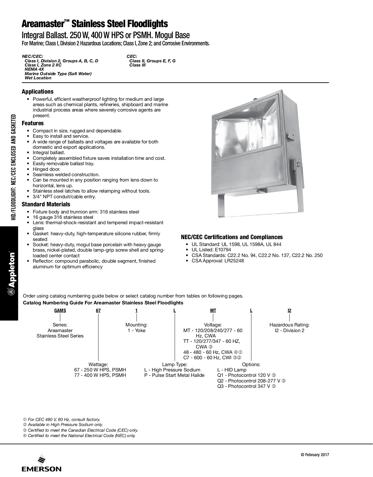 Appleton Areamaster™ Stainless Steel Floodlights Catalog Page