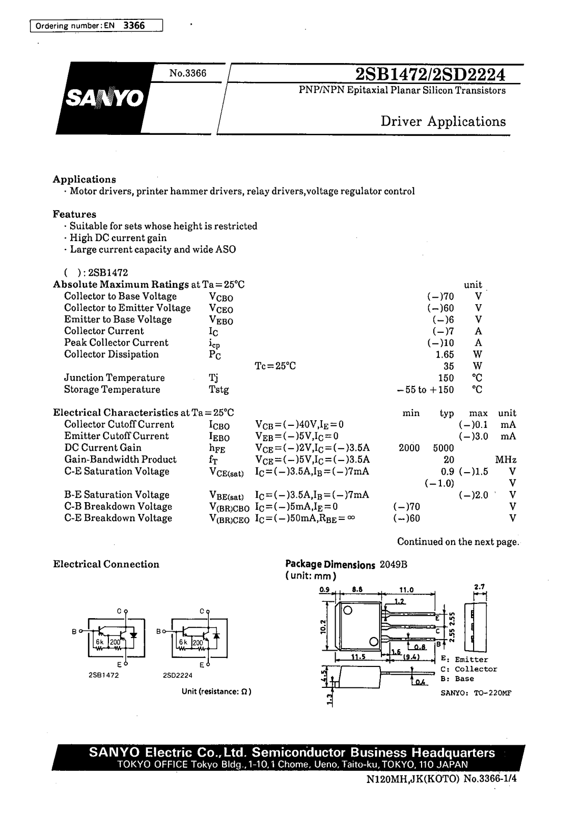 SANYO 2SD2224, 2SB1472 Datasheet