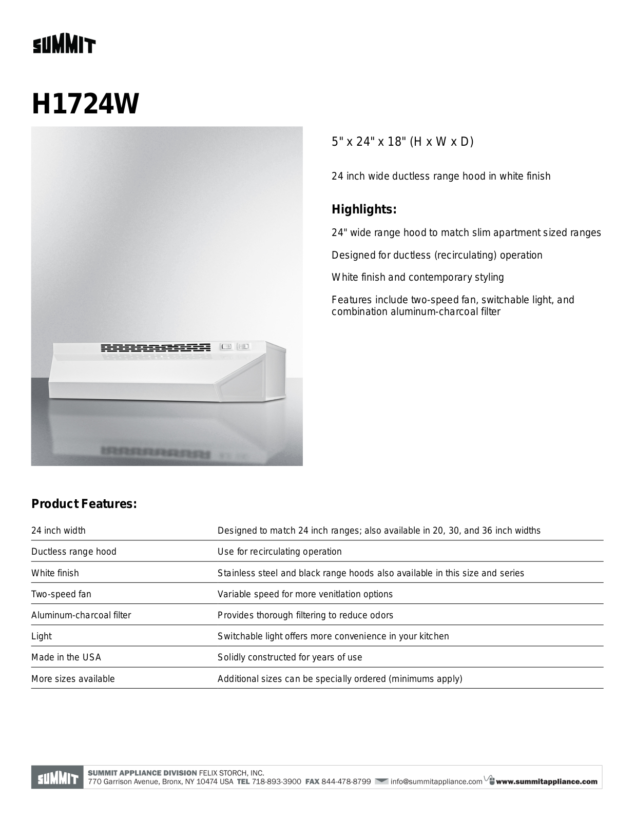 Summit H1724W Specs - ManualMachine.com