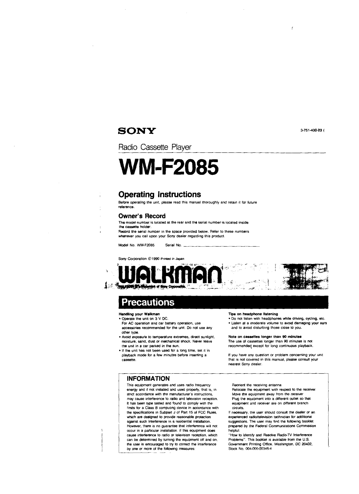 Sony WM-F2085 User Manual