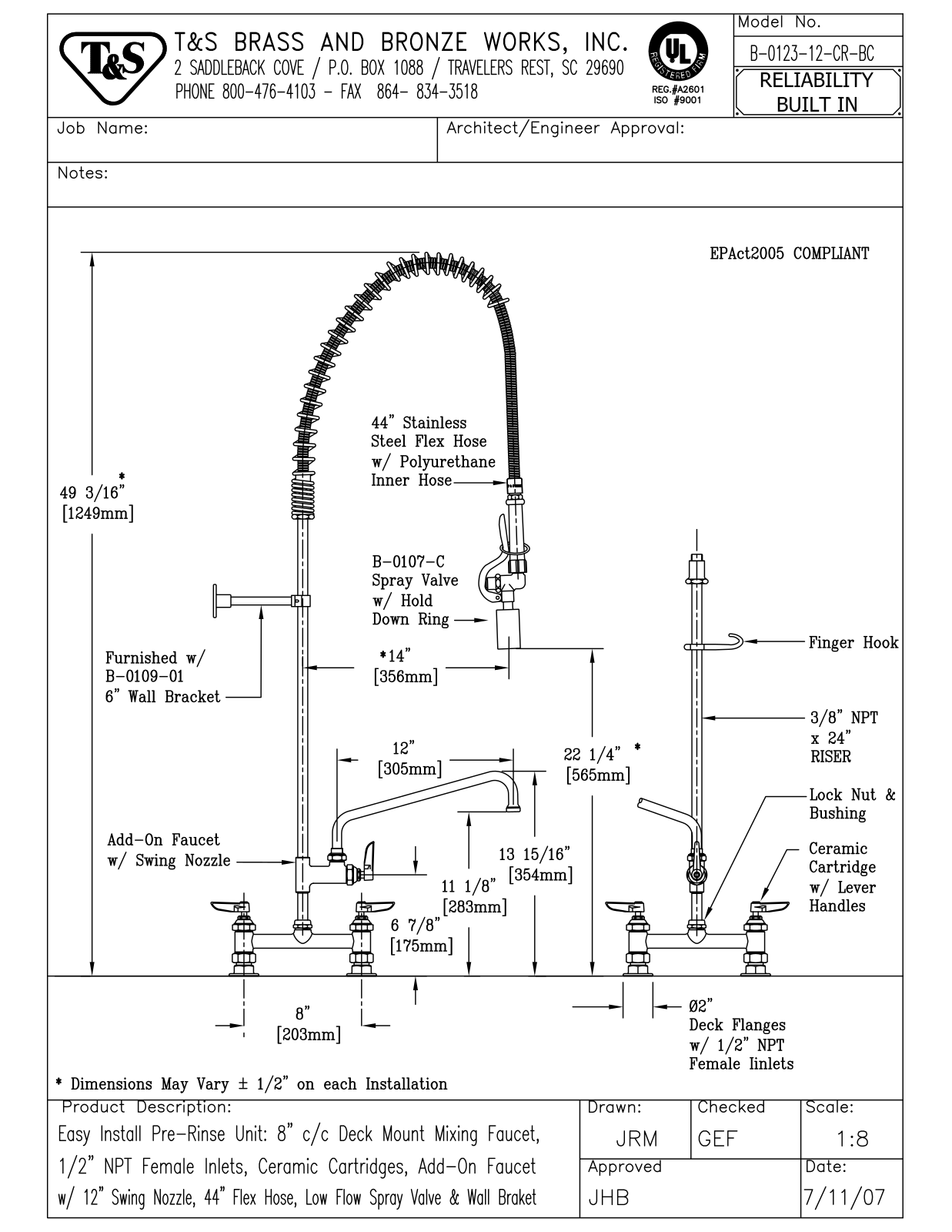 T&S Brass B-0123-12-CR-BC User Manual