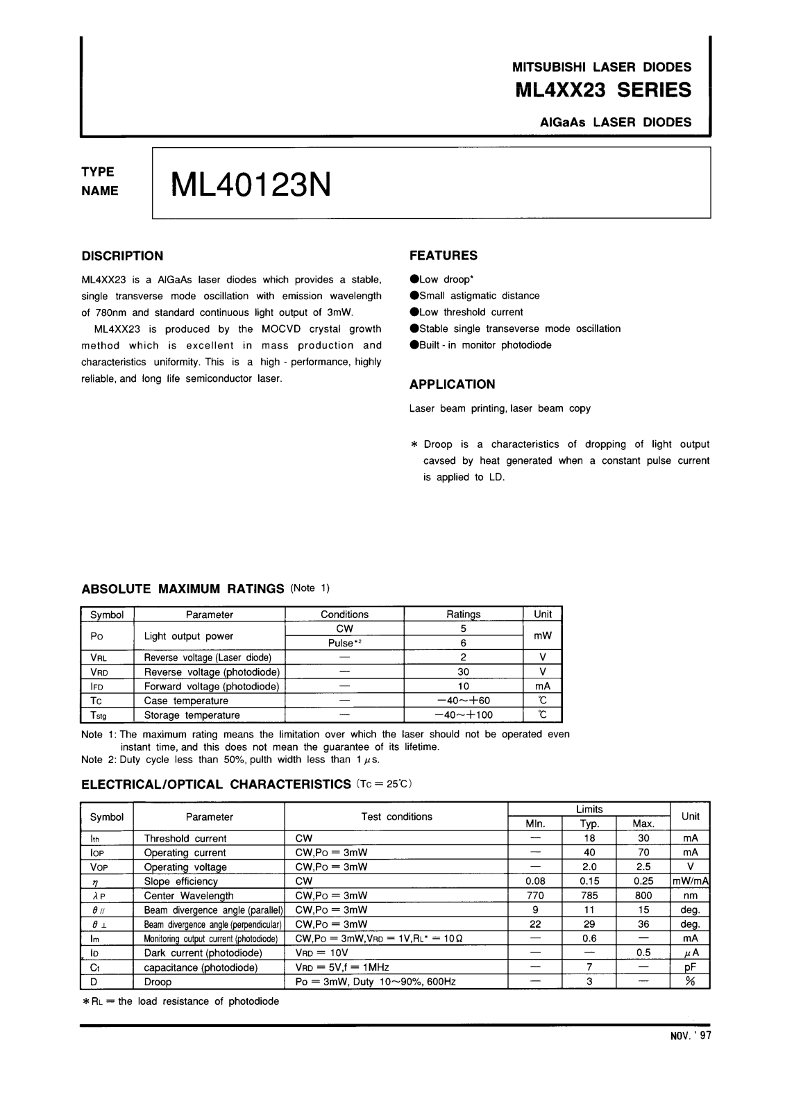 Mitsubishi ML40123N Datasheet