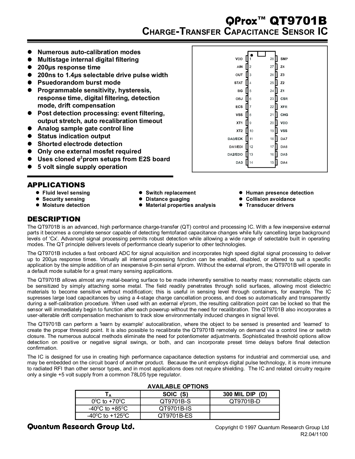 QPROX QT9701B-D, QT9701B-ES, QT9701B-IS, QT9701B-S Datasheet