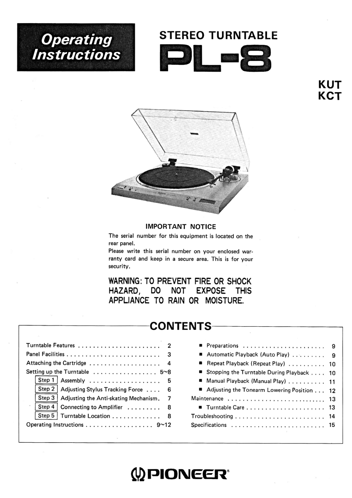 Pioneer PL-8 Owners Manual