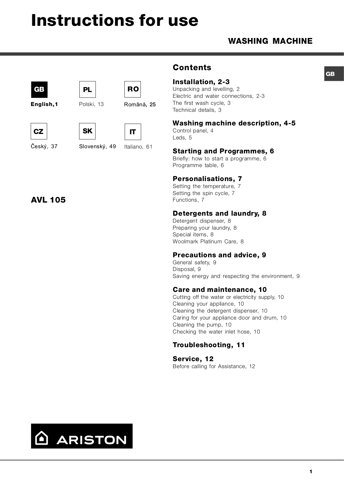 Hotpoint Ariston AVL 105 User Manual