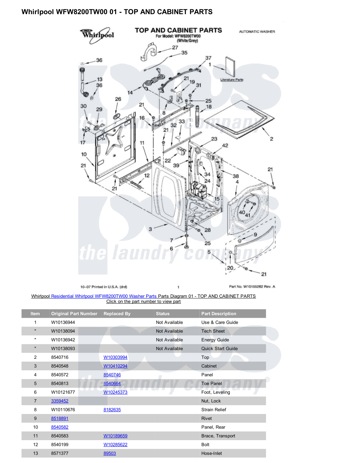 Whirlpool WFW8200TW00 Parts Diagram