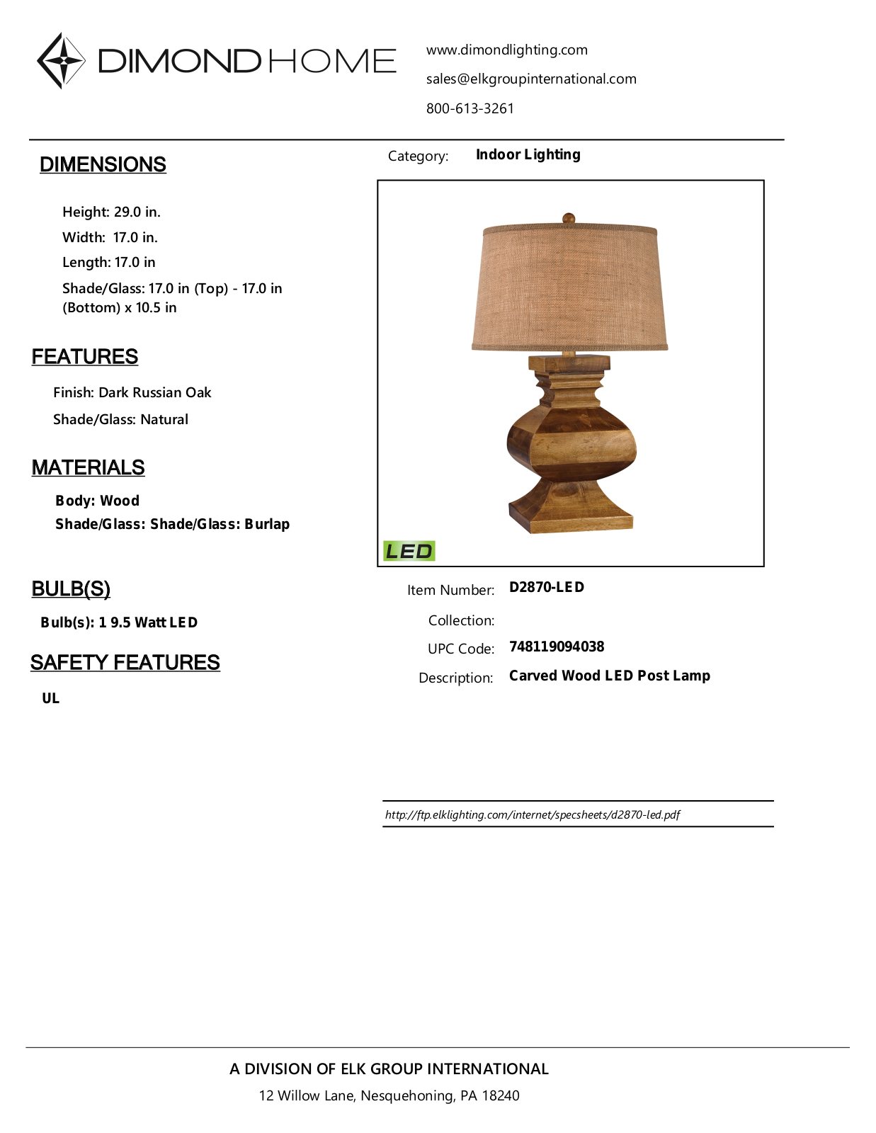 ELK Home D2870LED User Manual