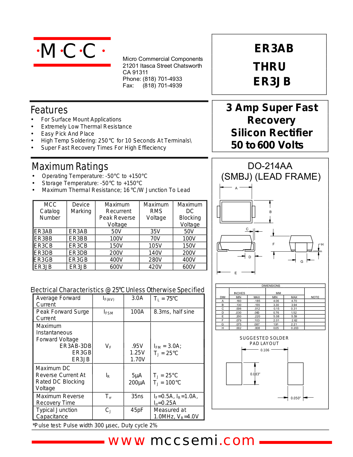 MCC ER3DB, ER3GB, ER3CB, ER3AB, ER3BB Datasheet